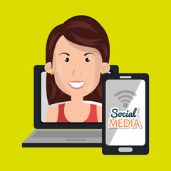 laptop user with social networking smartphone isolated icon design, vector illustration  graphic 