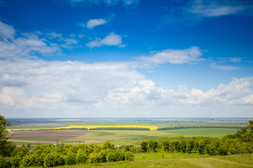 Summer nature with valley, forest and cloudy sky