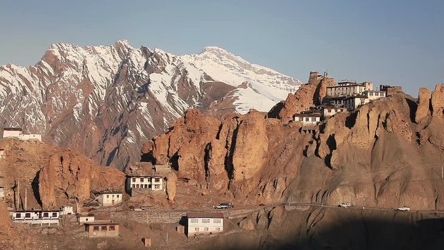 Panorama of Dhankar Gompa Monastery (3894 m) at sunrise. Spiti valley, Himachal Pradesh, India.