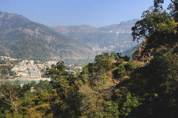 Fototapeta na wymiar View of Ganga and Rishikesh, holy Indian place, capital of yoga