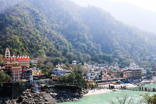 View of Ganga and Rishikesh, holy Indian place, capital of yoga