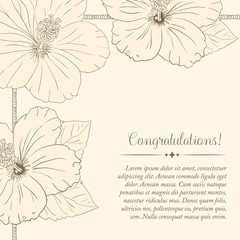 congratulations card design template with hibiscus flowers. Vector illustration.