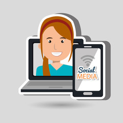 laptop user with social networking smartphone isolated icon design, vector illustration  graphic 