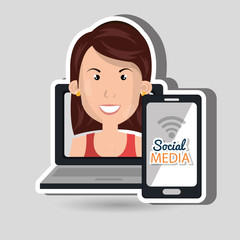 laptop user with social networking smartphone isolated icon design, vector illustration  graphic 