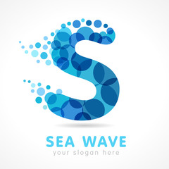 Sea wave S logo. Logo of tourism, resort or hotel by the sea in letter S splash bubbles. Spa vector symbol