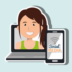 laptop user with social networking smartphone isolated icon design, vector illustration  graphic 