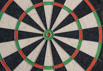 Closeup view of a professional sisal dartboard as used in tournaments. bull's eye in centre, double and treble/triple rings visible. Punctures vsible.