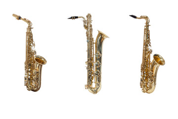 wind instruments saxophones Alto,tenor,baritone isolated against a white background