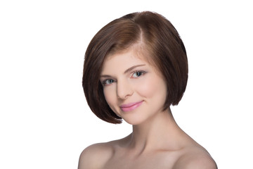 beautiful brunette looking at camera isolated on white