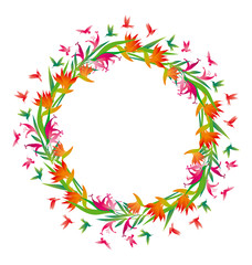 tropical vivid flower and colibri birds in round frame. vector i
