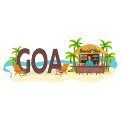 Beach Bar. Goa, India. Travell. Palm, drink, summer, lounge chair, tropical. - obrazy, fototapety, plakaty