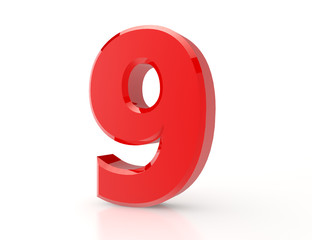3d red number 9 on white background
