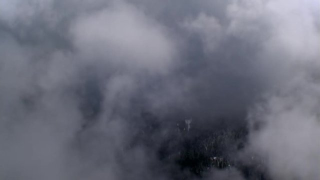 Flight through blowing vapor above forested snowy ridge into blue sky, passenger POV