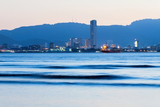 George Town City high rise building view with mountain and sea, Penang Malaysia
