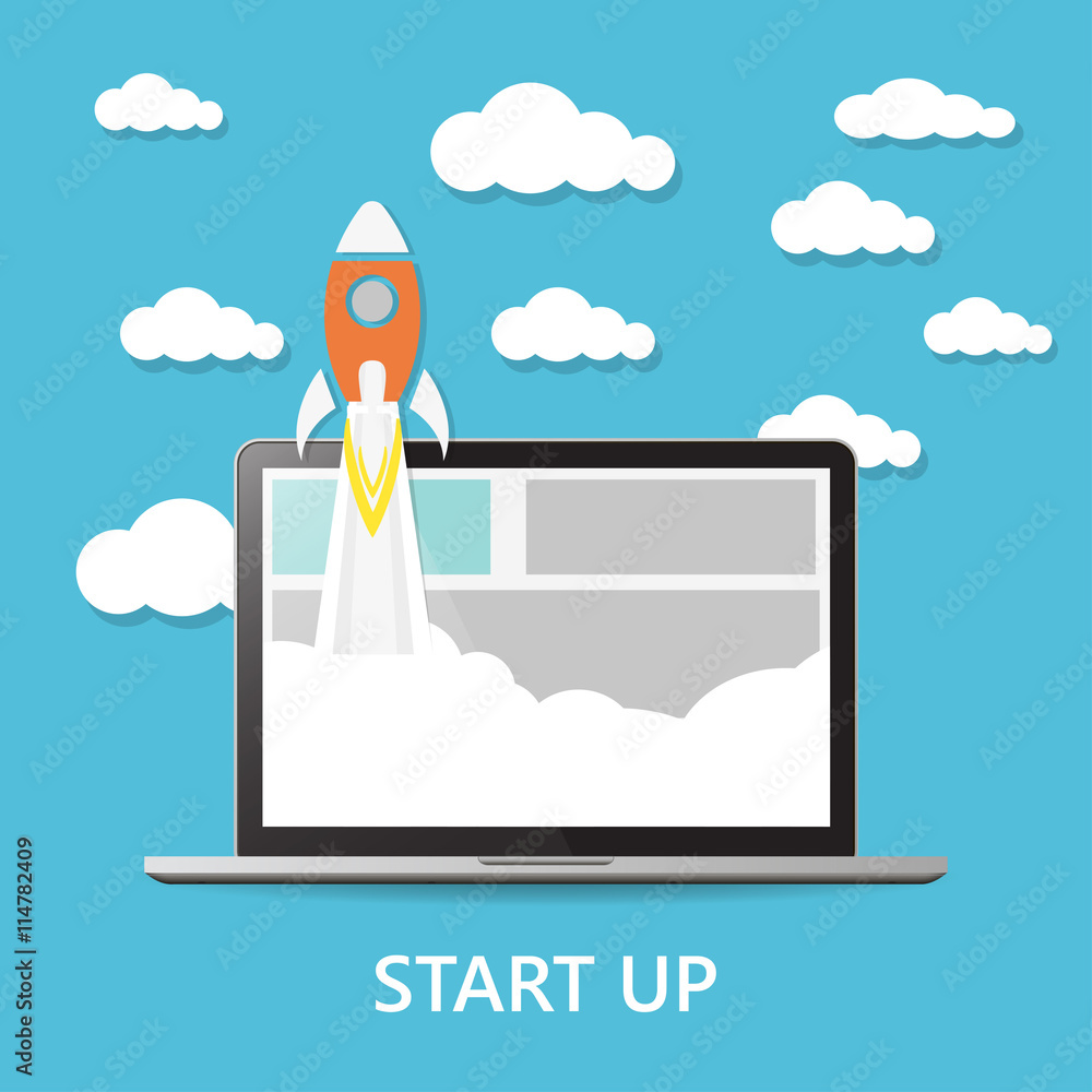 Wall mural concept. project start up - launch illustration on blue background