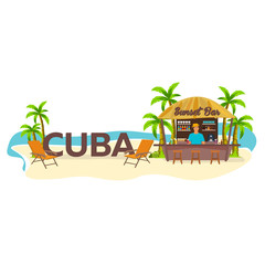 Obraz premium Beach Bar. Cuba. Travell. Palm, drink, summer, lounge chair, tropical.