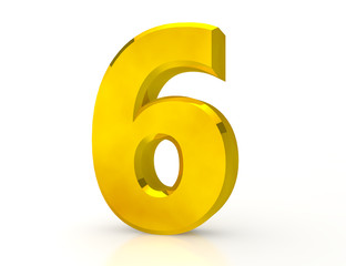 3d Gold number 6 on white background