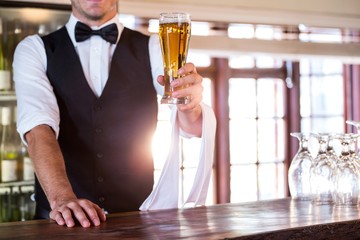 Bartender offering a glass of beer at bar counter