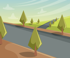 Landscape with trees and road. Summer landscape scene with cloudy sky. Vector Illustration
