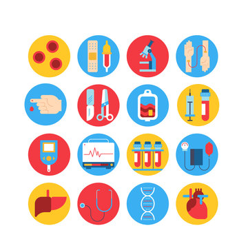 Colorful medical round icon set. Vector blood and heart tests pictorgam collection.