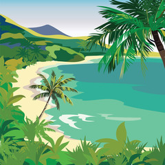 Fototapeta na wymiar Summer Beach with Tropical Palm trees. Vector background card