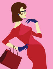 Fashion lady in red with sunglasses and shopping bag. Vector