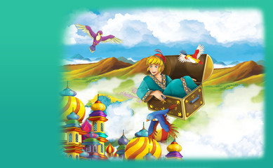 Cartoon scene of some kind of prince flying in the trunk - illustration for children