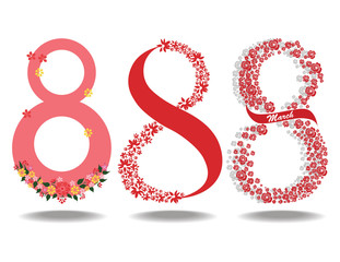 8 March symbol set. Floral ornamented for Greeting card with symbol March. Design flower ornament elements for invitations, celebration etc