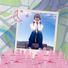 Composite image of smiling hipster woman sitting on suitcase 