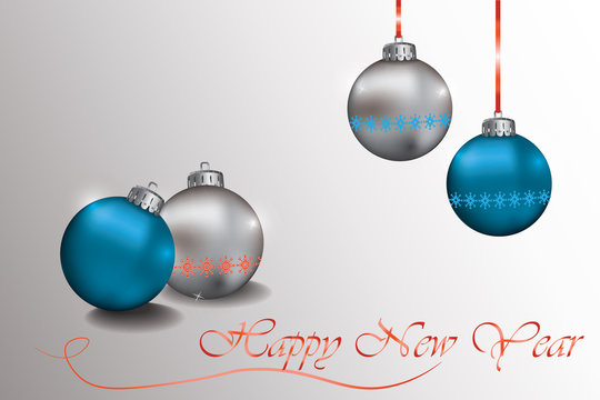 Happy New Year Sparkling baubles with snowflake ornament in silver and blue colors. Vector