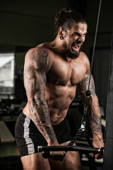 Muscular bodybuilder guy doing exercises with dumbbells in gym