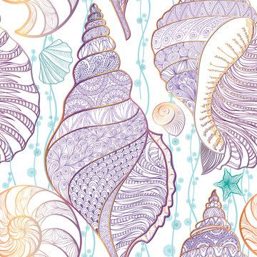 Seashell seamless pattern Underwater sea tiled background Summer marine life ornament