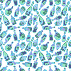 Different cartoon bottles. Vector seamless pattern.
