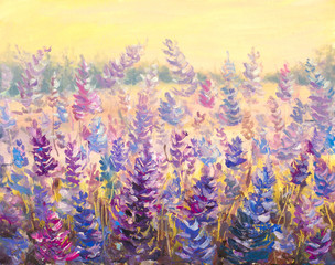 Field of delicate flowers in front of a forest. Lavender. Blue-purple flowers in summer oil painting on canvas. Impasto artwork. Impressionism art. © weris7554