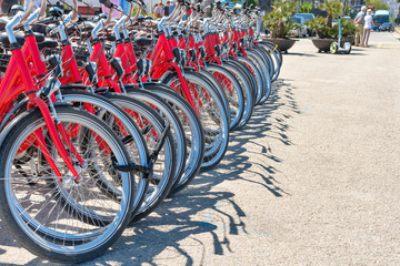 Group of red city bicycles