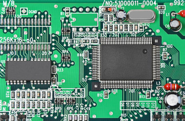Old green scanner motherboard circuit close up
