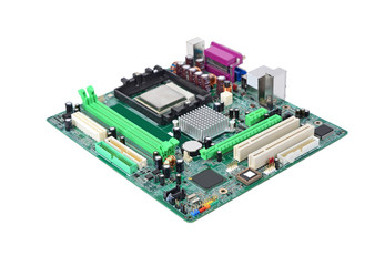 Printed computer motherboard board, isolated on white background