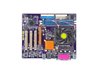 Printed computer motherboard, isolated on white background