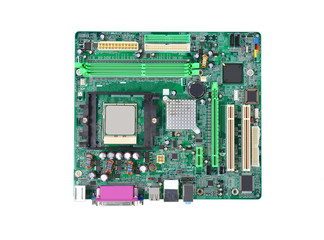 Printed computer motherboard board, isolated on white background