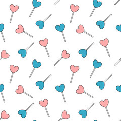 cute cartoon blue and pink heart lollipop seamless vector pattern background illustration