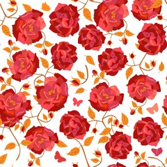 Vector seamless pattern of red roses and butterflies