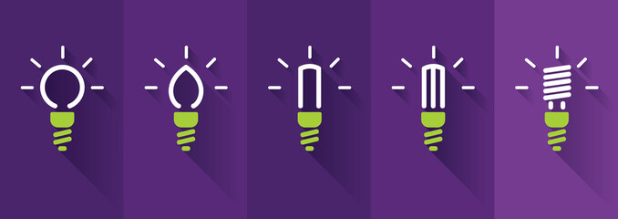 Icons of energy saving lamp on violet background