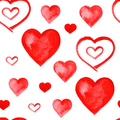 Seamless pattern with red watercolor hearts. Background romantic design.