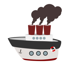 Big cartoon steamboat with anchor, life ring and steam. Isolated vector illustration.