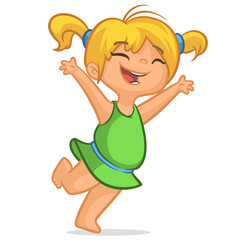Illustration featuring a blond girl in a green dress jumping with glee. Holiday vector illustration cartoon style for greeting card, poster, banner. Blond teenager girl jumping summer illustration