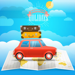Vacation concept. Summer holidays illustration with the red car