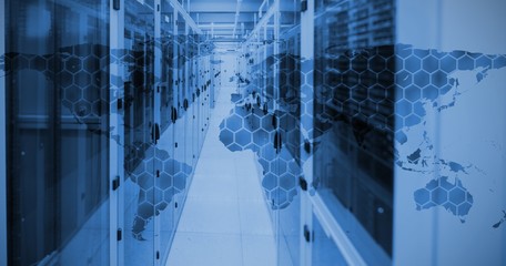 Composite image of background with hexagons and world map