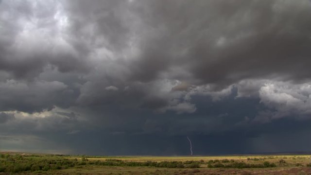Time-lapse clouds and lightning over prairie horizon