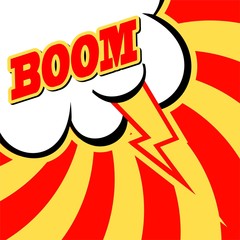 Vintage, cracked background. Pop art, comic style. Cloud with ray and BOOM wording sound effect .