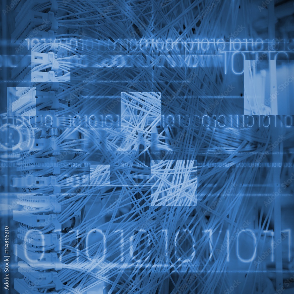 Poster composite image of blue technology design with binary code